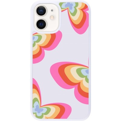 Coque iPhone 12 mini - Silicone rigide blanc Easter 2024 rainbow butterflies