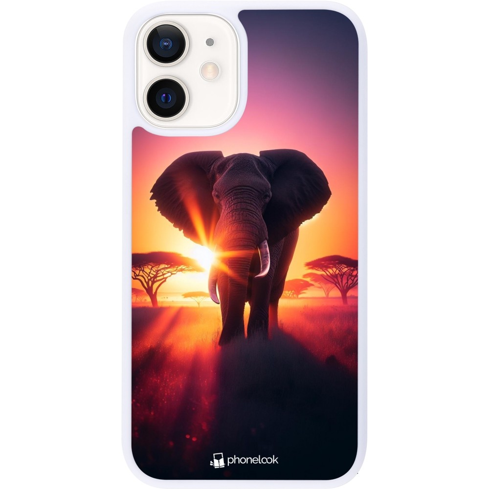 Coque iPhone 12 mini - Silicone rigide blanc Elephant Sunrise Beauty