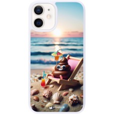 Coque iPhone 12 mini - Silicone rigide blanc Emoji caca sur chaise longue