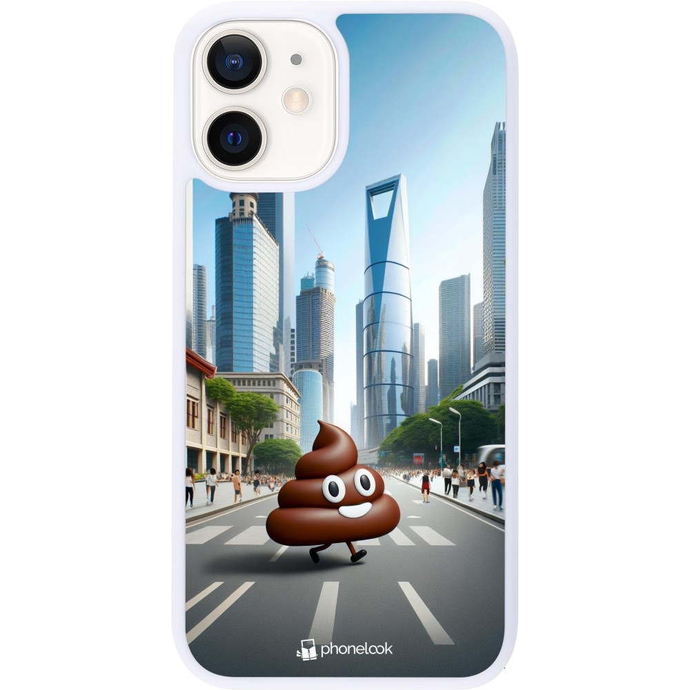 Coque iPhone 12 mini - Silicone rigide blanc Emoji Caca walk