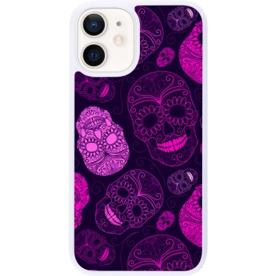 Coque iPhone 12 mini - Silicone rigide blanc Halloween 2023 pink skulls