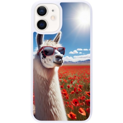 Coque iPhone 12 mini - Silicone rigide blanc Lama Chic en Coquelicot