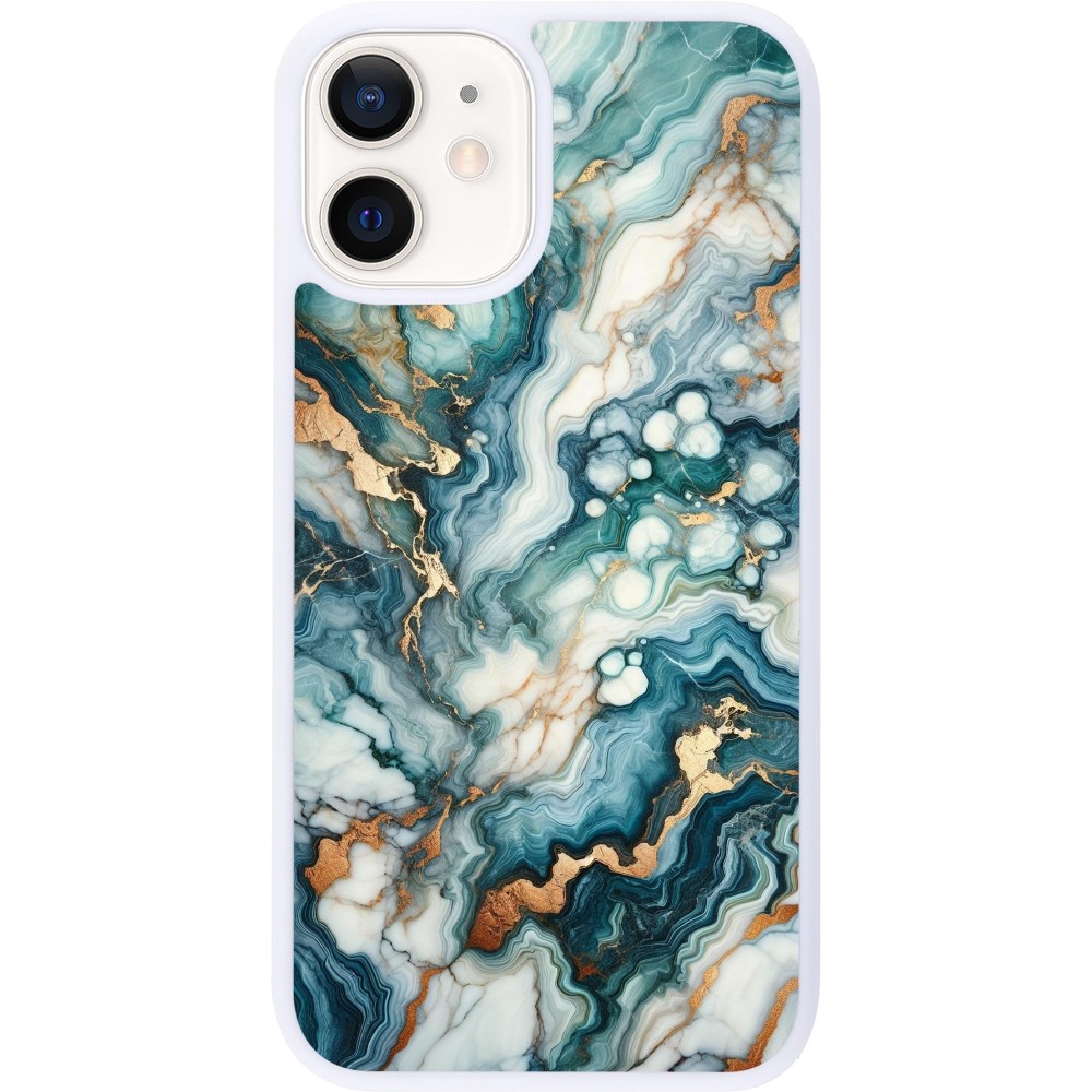 Coque iPhone 12 mini - Silicone rigide blanc Marbre Vert Bleu Doré