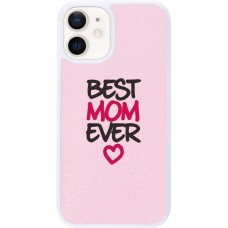 Coque iPhone 12 mini - Silicone rigide blanc Mom 2023 best Mom ever pink