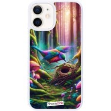 Coque iPhone 12 mini - Silicone rigide blanc Oiseau Nid Forêt