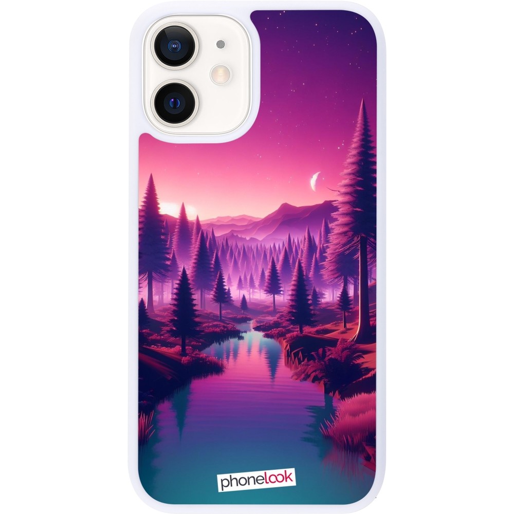 Coque iPhone 12 mini - Silicone rigide blanc Paysage Violet-Rose