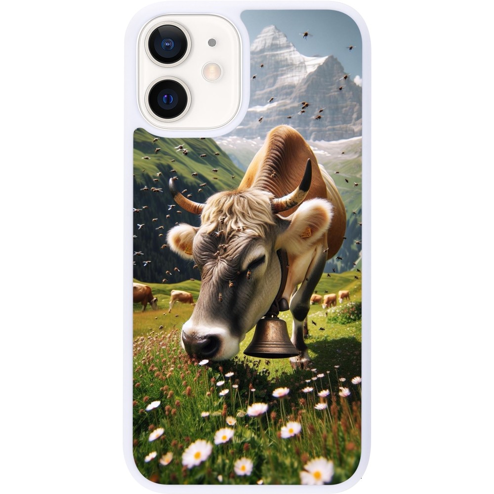 Coque iPhone 12 mini - Silicone rigide blanc Vache montagne Valais