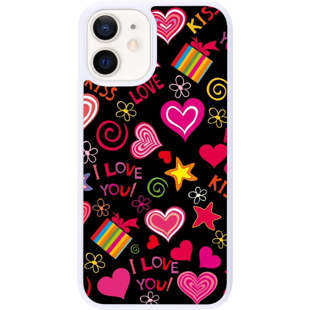 Coque iPhone 12 mini - Silicone rigide blanc Valentine 2023 love symbols