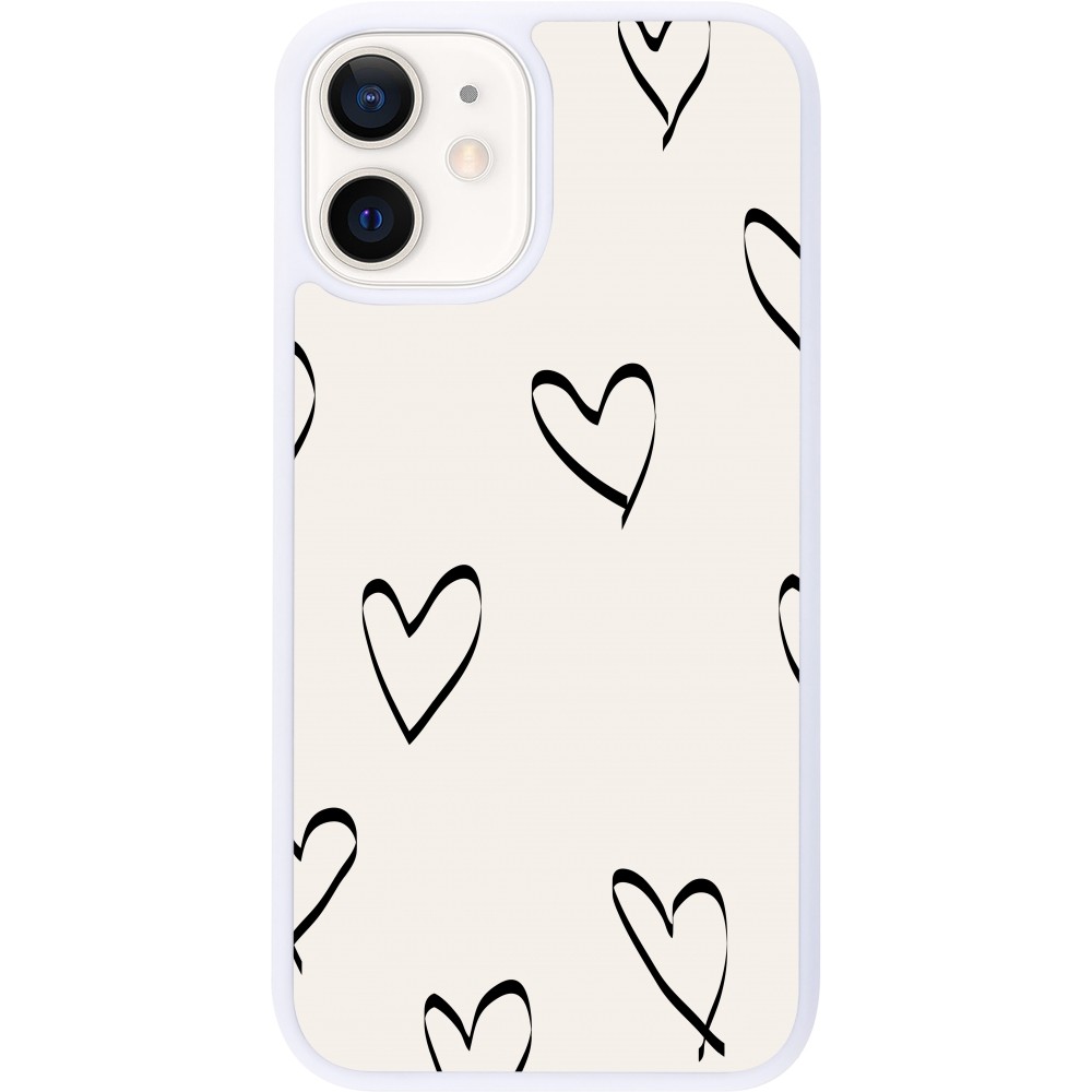 Coque iPhone 12 mini - Silicone rigide blanc Valentine 2023 minimalist hearts