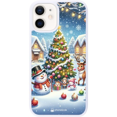 Coque iPhone 12 mini - Silicone rigide blanc Noël 2023 bonhomme de neige et sapin