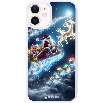 Coque iPhone 12 mini - Silicone rigide blanc Noël 2023 Père Noël enchanté