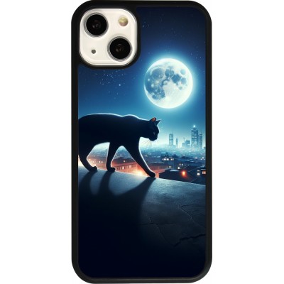 Coque iPhone 13 - Silicone rigide noir Chat noir sous la pleine lune