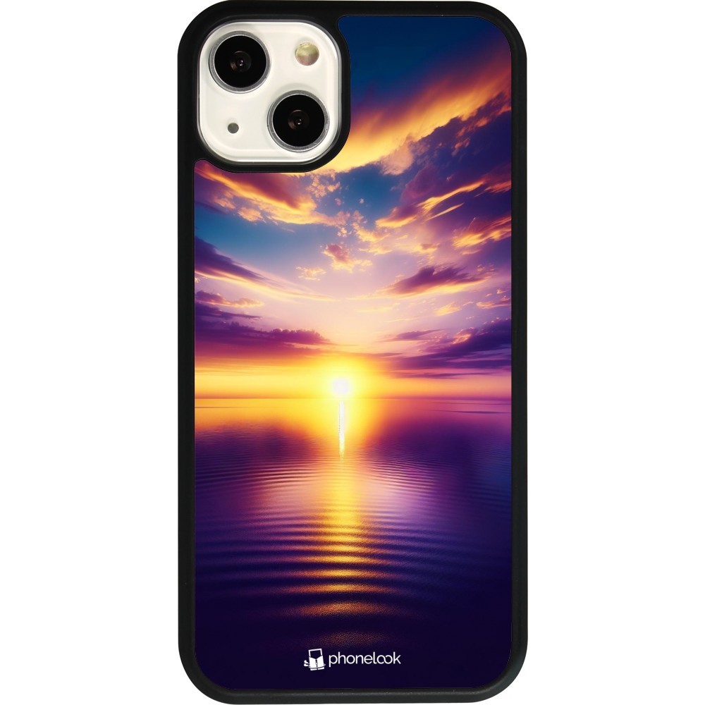 Coque iPhone 13 - Silicone rigide noir Coucher soleil jaune violet