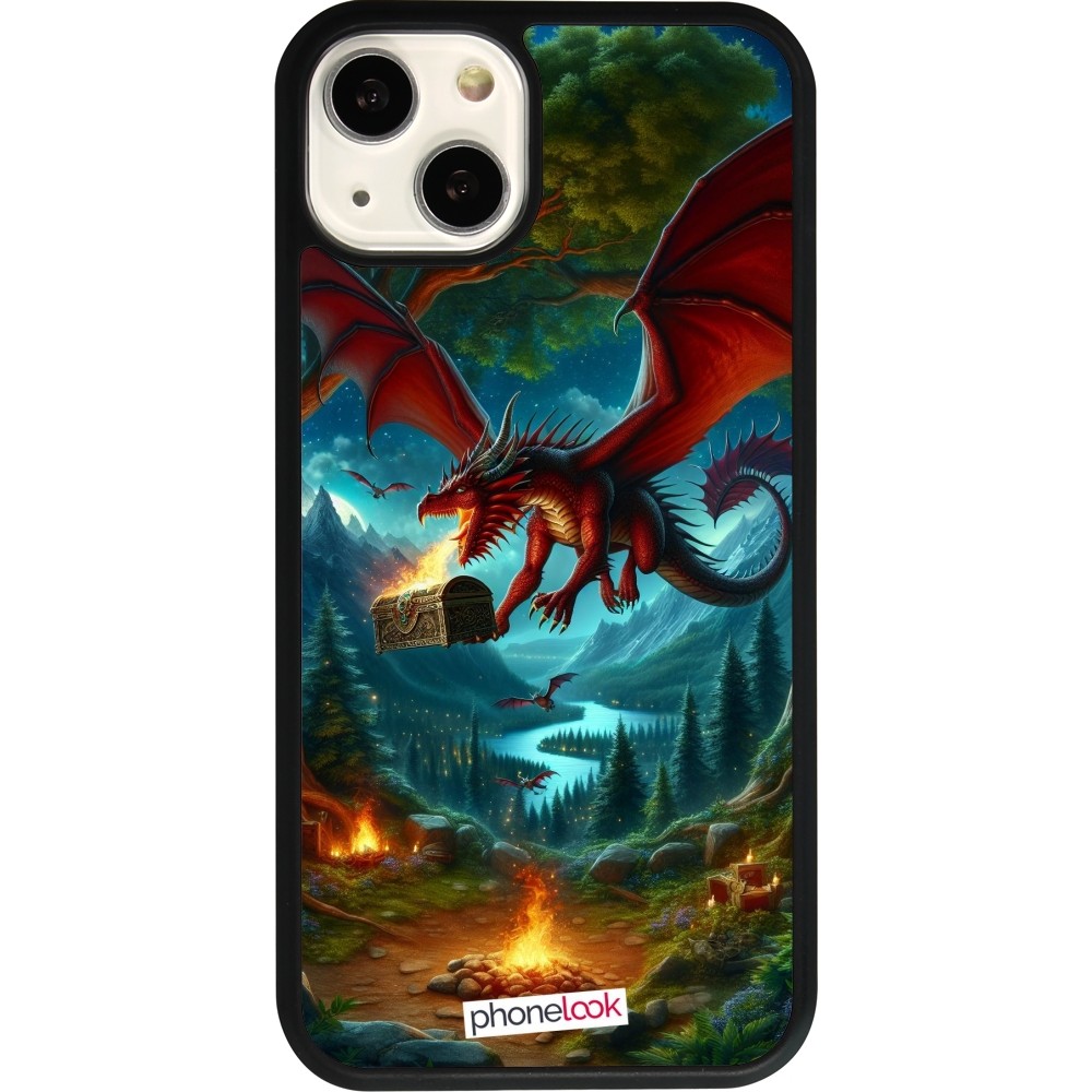 Coque iPhone 13 - Silicone rigide noir Dragon Volant Forêt Trésor