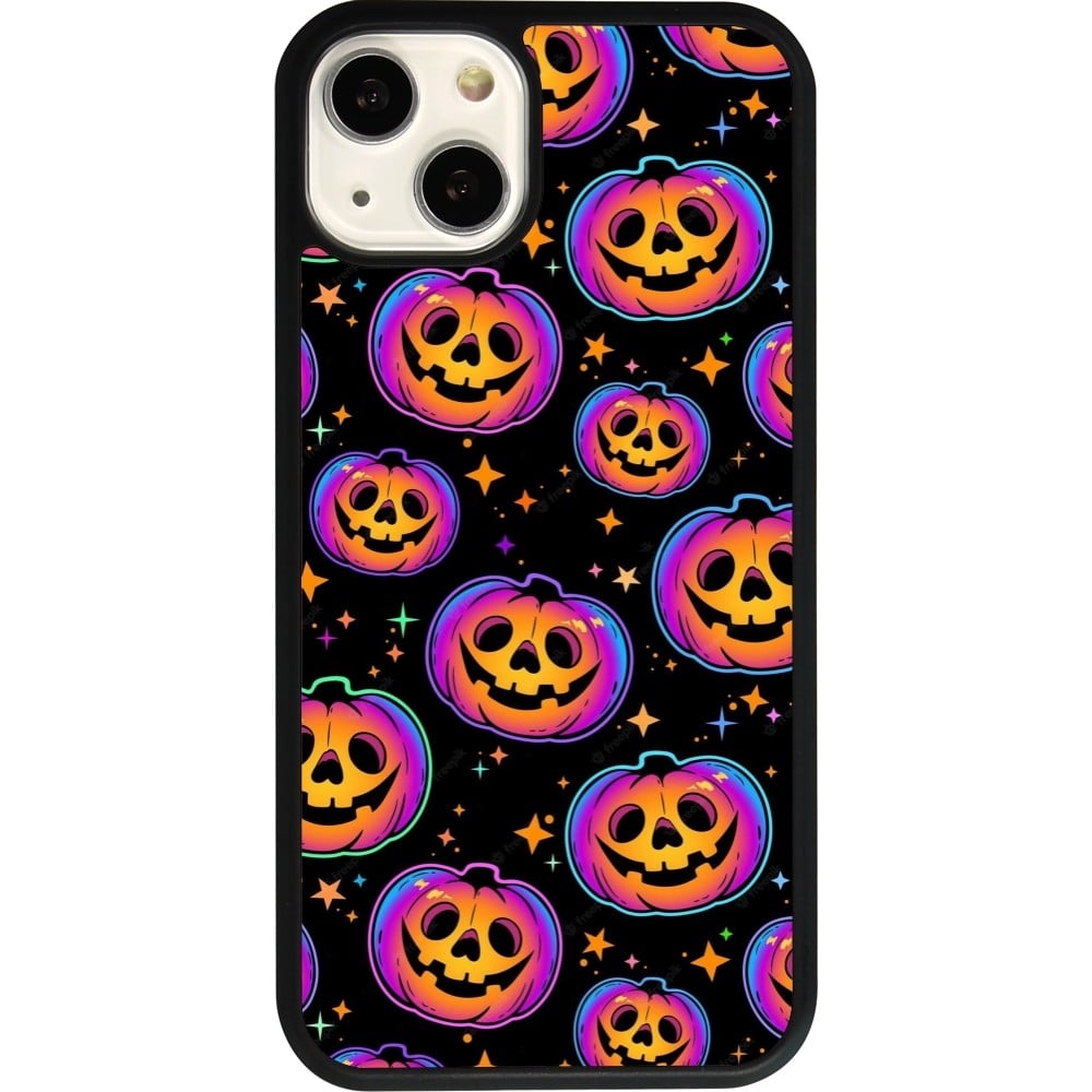 Coque iPhone 13 - Silicone rigide noir Halloween 2024 rainbow pumpkins