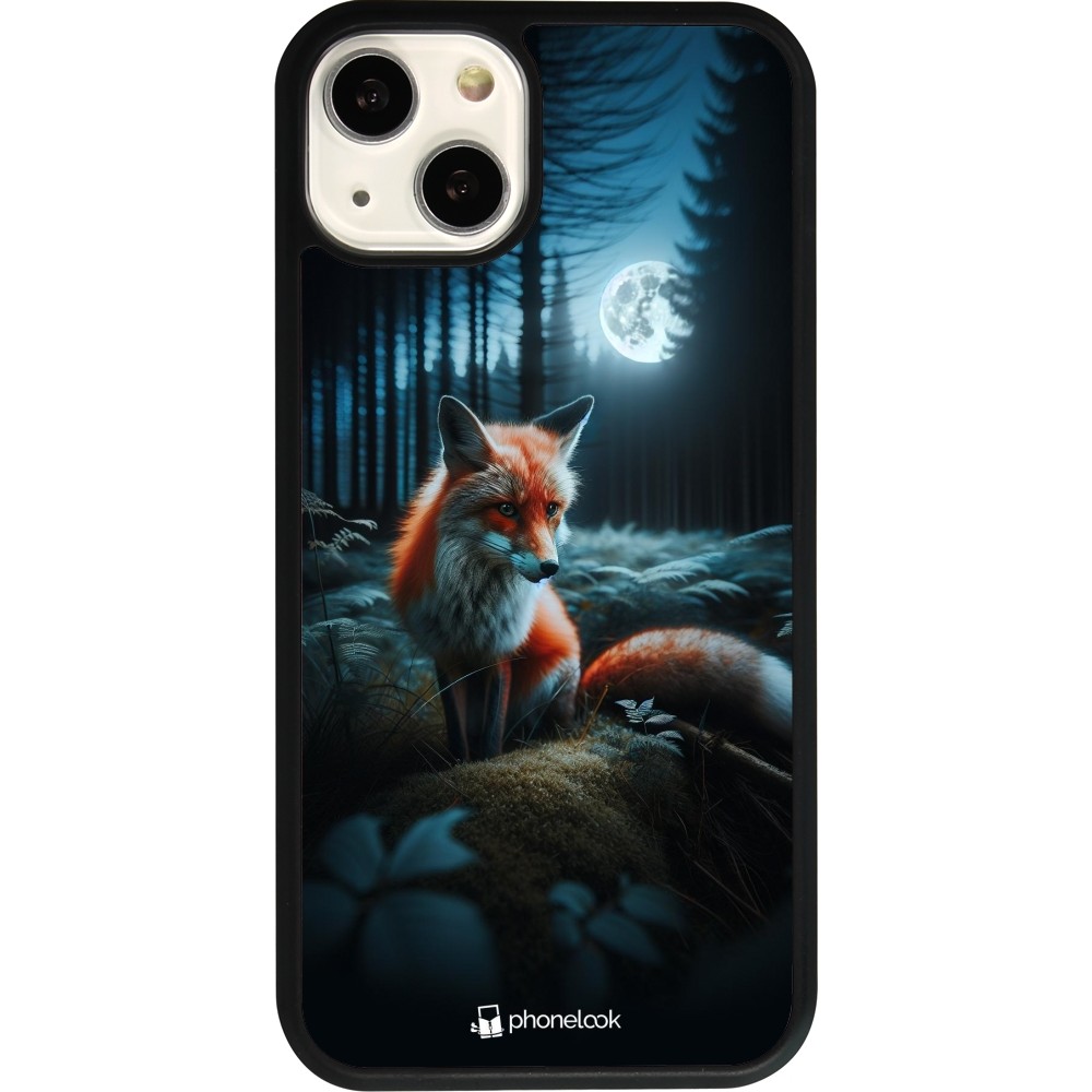 Coque iPhone 13 - Silicone rigide noir Renard lune forêt