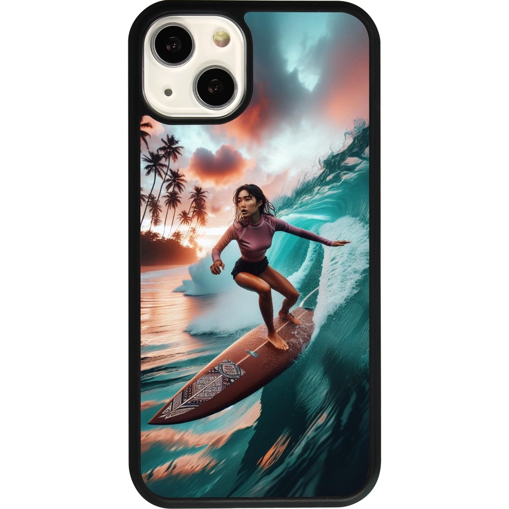 Coque iPhone 13 - Silicone rigide noir Surfeuse Balinaise