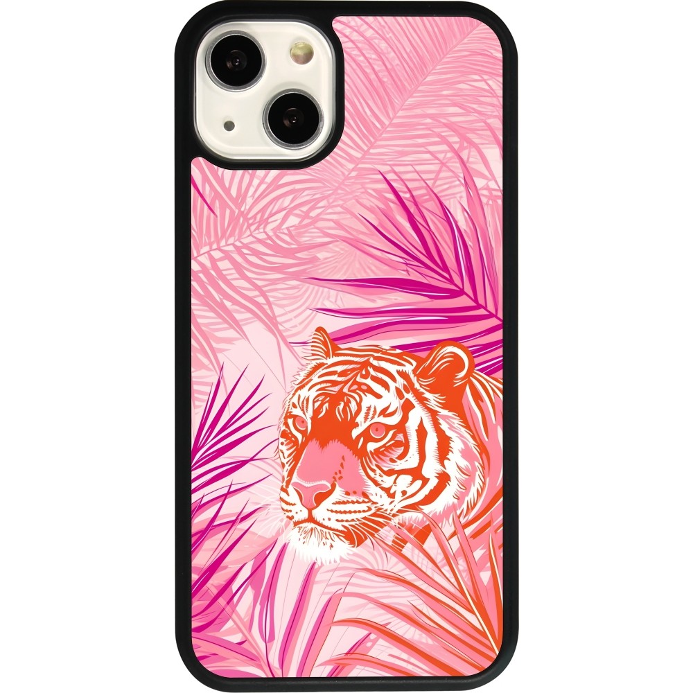 Coque iPhone 13 - Silicone rigide noir Tigre palmiers roses