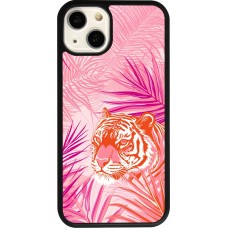 Coque iPhone 13 - Silicone rigide noir Tigre palmiers roses