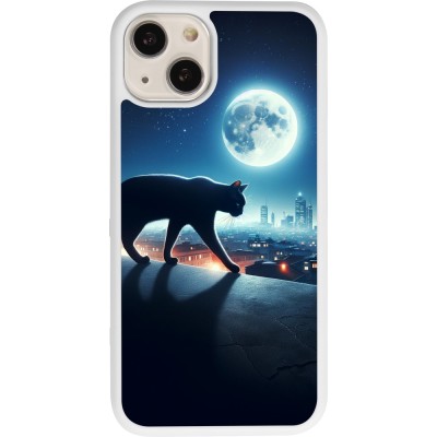 Coque iPhone 13 - Silicone rigide blanc Chat noir sous la pleine lune