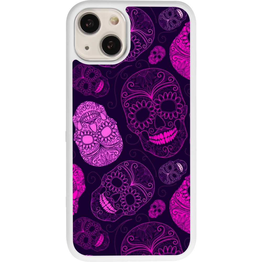 Coque iPhone 13 - Silicone rigide blanc Halloween 2023 pink skulls