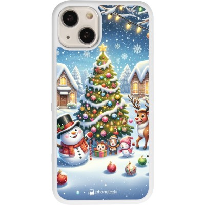 Coque iPhone 13 - Silicone rigide blanc Noël 2023 bonhomme de neige et sapin