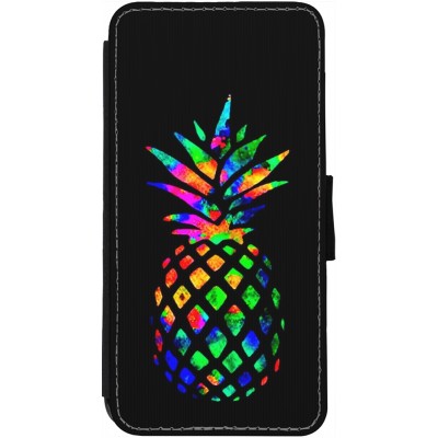 Coque iPhone 13 - Wallet noir Ananas Multi-colors