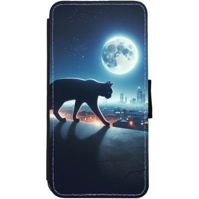 Coque iPhone 13 - Wallet noir Chat noir sous la pleine lune