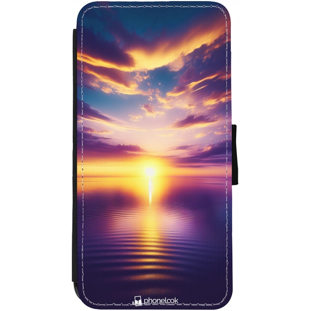 Coque iPhone 13 - Wallet noir Coucher soleil jaune violet