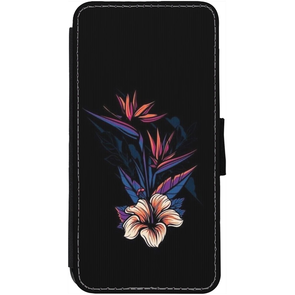 Coque iPhone 13 - Wallet noir Dark Flowers