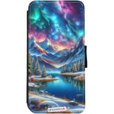 Coque iPhone 13 - Wallet noir Fantasy Mountain Lake Sky Stars