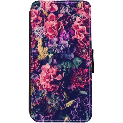 Coque iPhone 13 - Wallet noir Flowers Dark