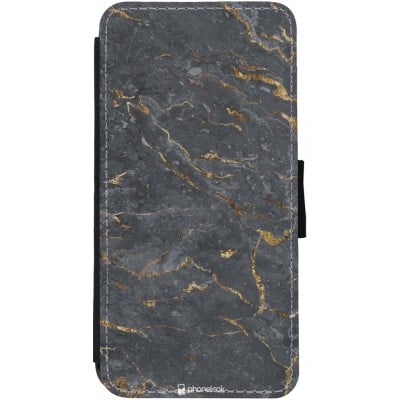 Coque iPhone 13 - Wallet noir Grey Gold Marble