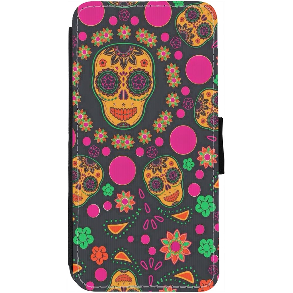 Coque iPhone 13 - Wallet noir Halloween 22 colorful mexican skulls