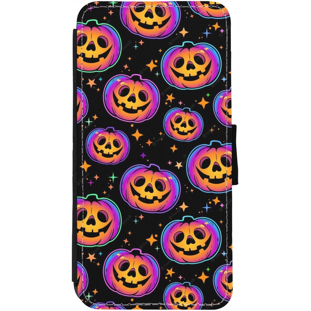 Coque iPhone 13 - Wallet noir Halloween 2024 rainbow pumpkins