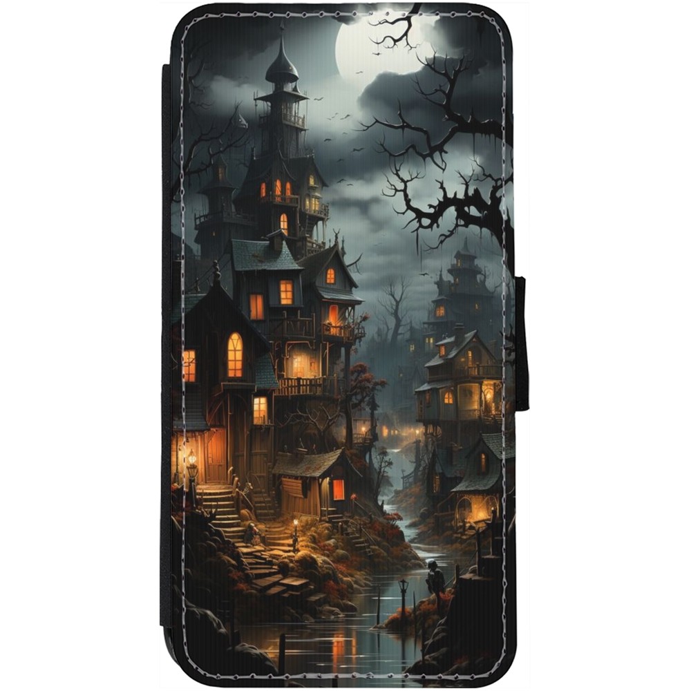 Coque iPhone 13 - Wallet noir Halloween 2024 scary town