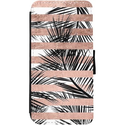 Coque iPhone 13 - Wallet noir Palm trees gold stripes