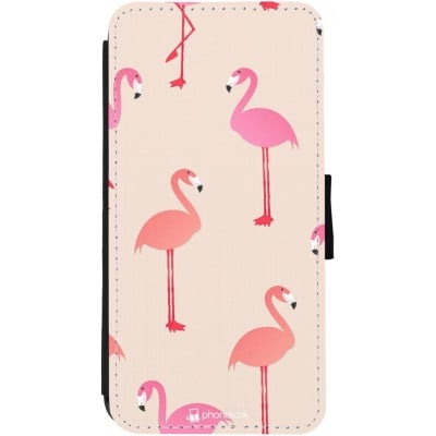 Coque iPhone 13 - Wallet noir Pink Flamingos Pattern