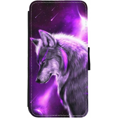 Coque iPhone 13 - Wallet noir Purple Sky Wolf