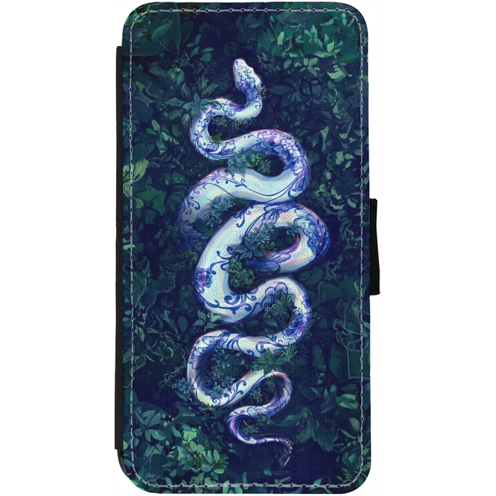 Coque iPhone 13 - Wallet noir Serpent Blue Anaconda