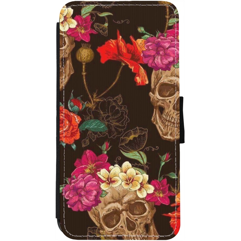 Coque iPhone 13 - Wallet noir Skulls and flowers