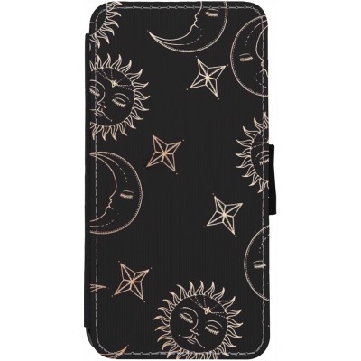 Coque iPhone 13 - Wallet noir Suns and Moons