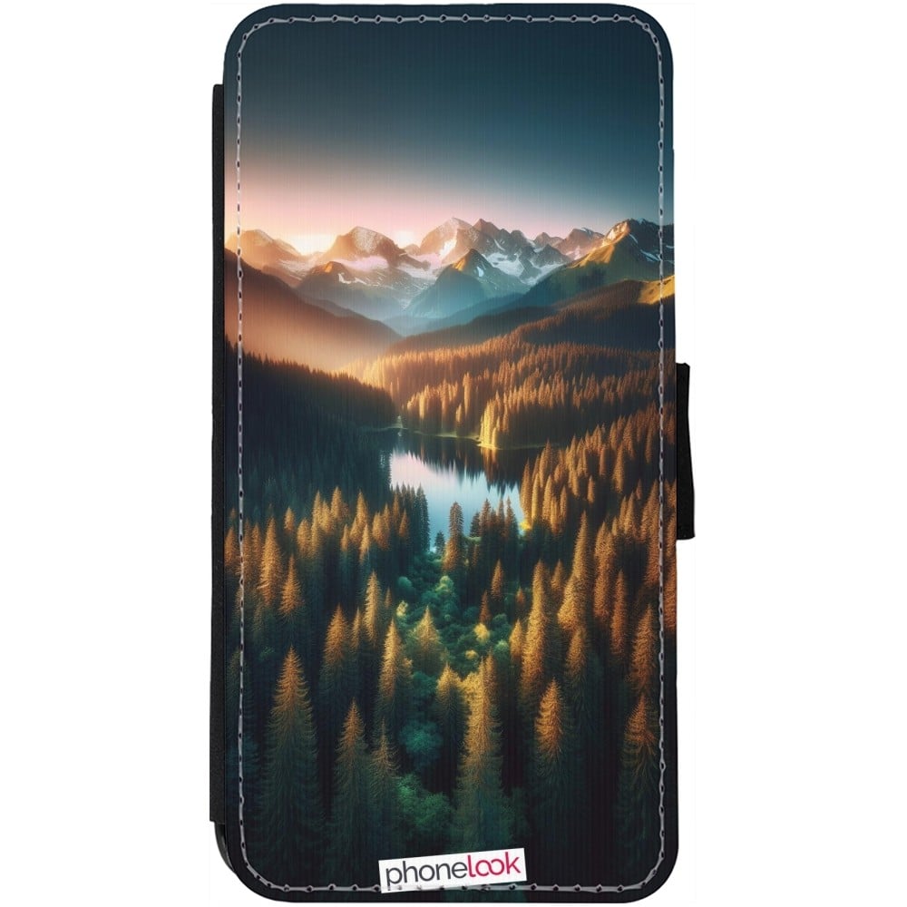 Coque iPhone 13 - Wallet noir Sunset Forest Lake