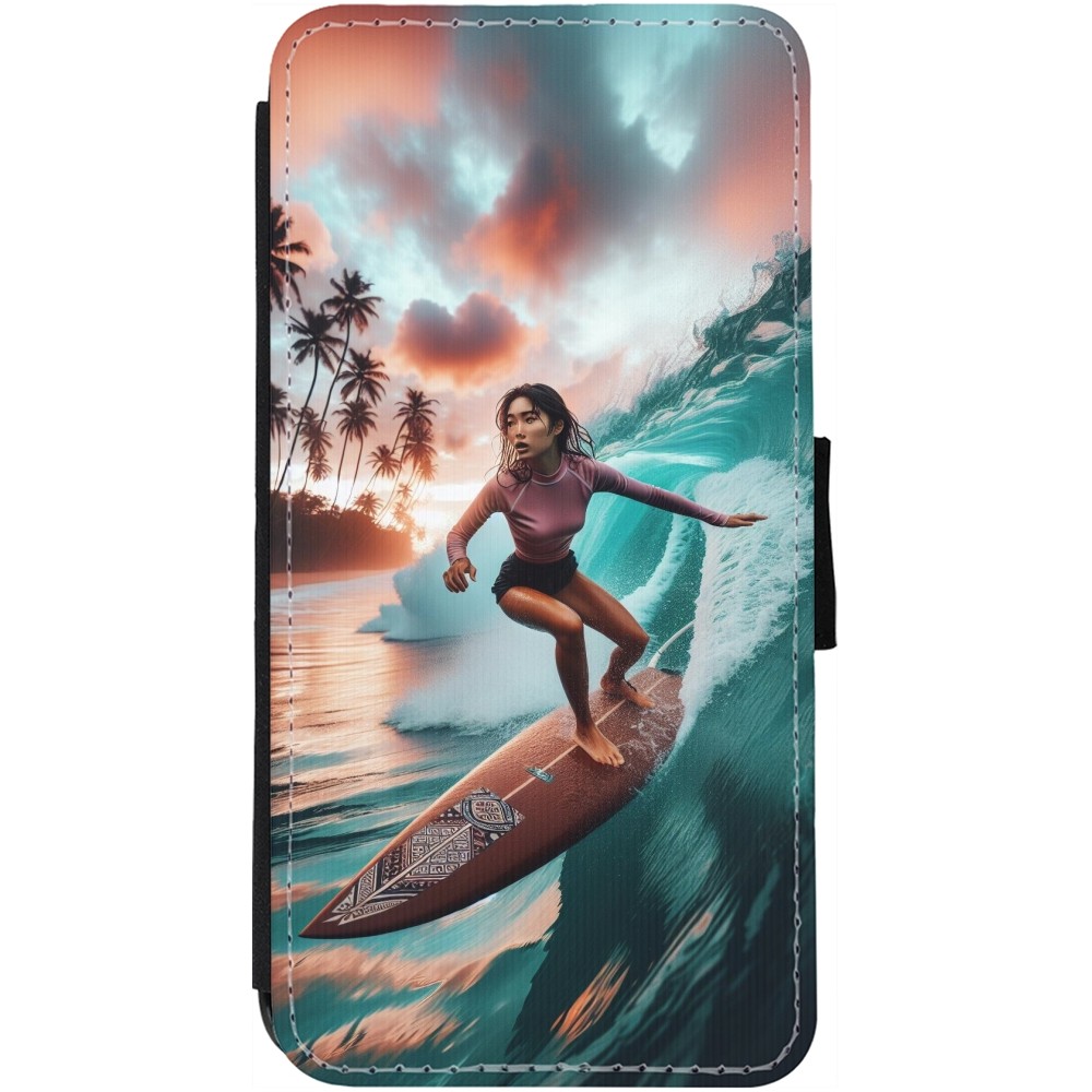 Coque iPhone 13 - Wallet noir Surfeuse Balinaise