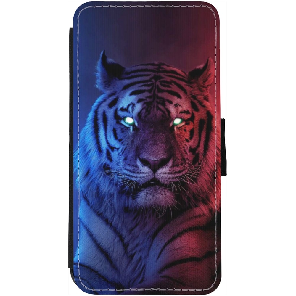 Coque iPhone 13 - Wallet noir Tiger Blue Red