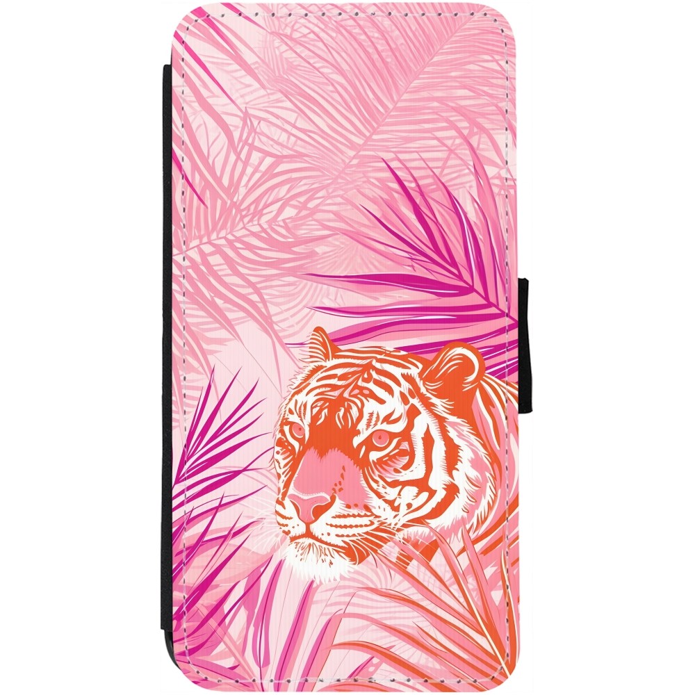 Coque iPhone 13 - Wallet noir Tigre palmiers roses