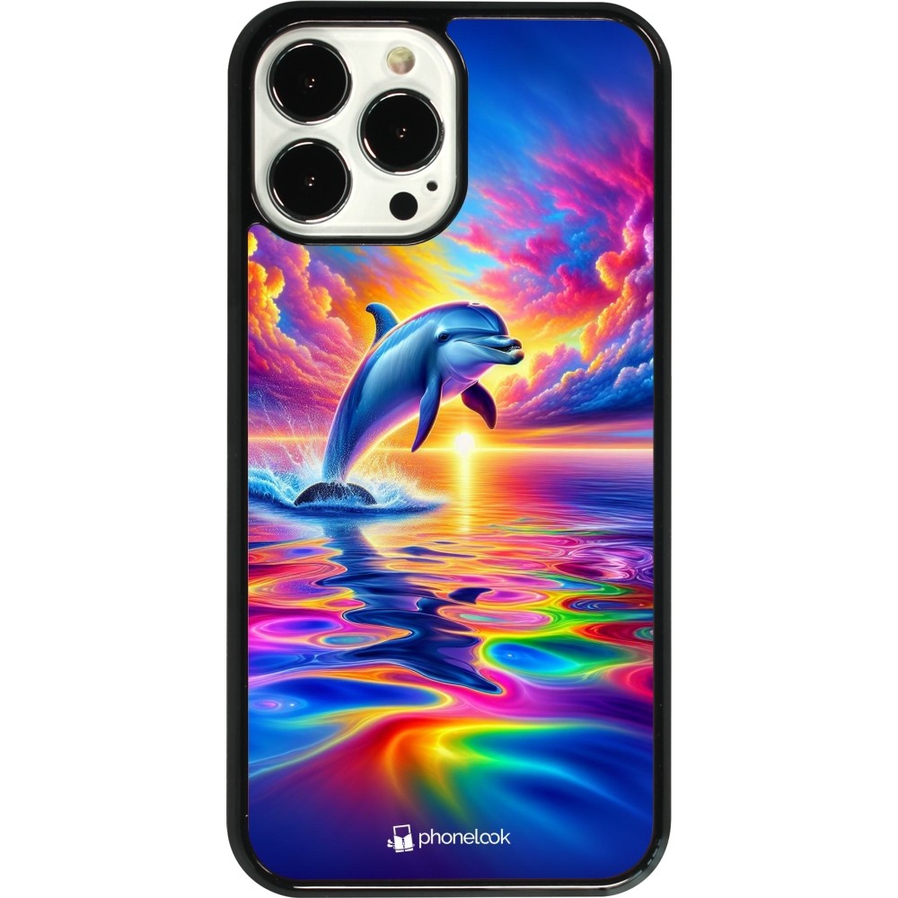 Coque iPhone 13 Pro Max - Dauphin arc-en-ciel heureux