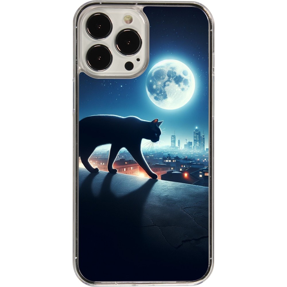 Coque iPhone 13 Pro Max - Plastique transparent Chat noir sous la pleine lune