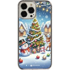 Coque iPhone 13 Pro Max - Plastique transparent Noël 2023 bonhomme de neige et sapin