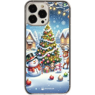 Coque iPhone 13 Pro Max - Plastique transparent Noël 2023 bonhomme de neige et sapin